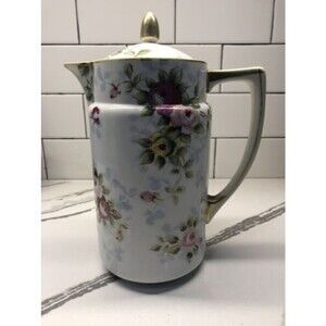 Antique Nippon Chocolate Pot C. 1890 - 1921, Roses, Raised Gold, Blue, White